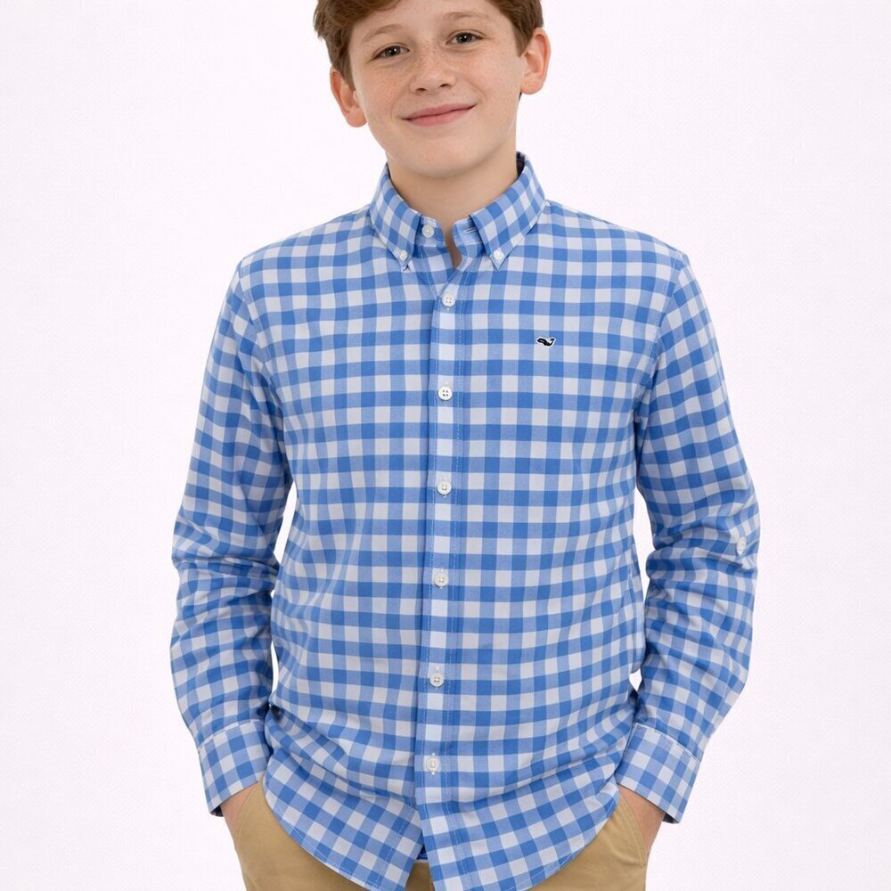 Vineyard Vines Boys Whale Shirt XL 20 Blue Gingham Button Down Cotton